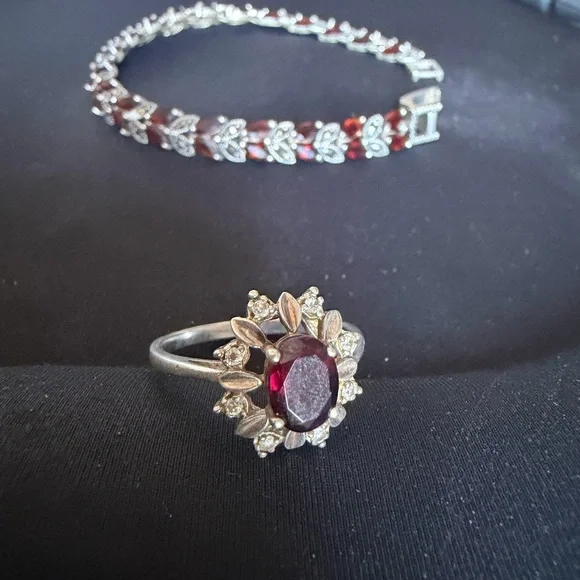 Sterling silver Garnet and Silver Floral Bracelet and Ring (size 10)